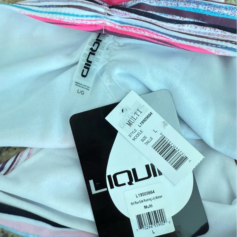 LIQUID Swim Bottom Striped Size Large Pink Blue Black Bikini NWT